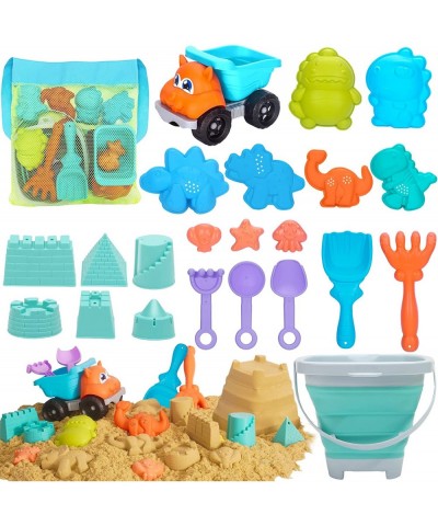 Beach Toys 23Pcs Sand Toys for Toddlers Travel Beach Toys Dinosaur Sand Toys with Collapsible Beach Bucket Shovel Set Sand Mo...