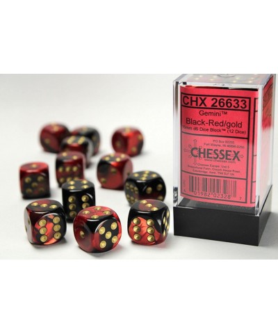 Dice d6 Sets: Gemini Black & Red with Gold - 16mm Six Sided Die (12) Block of Dice $22.32 Game Accessories