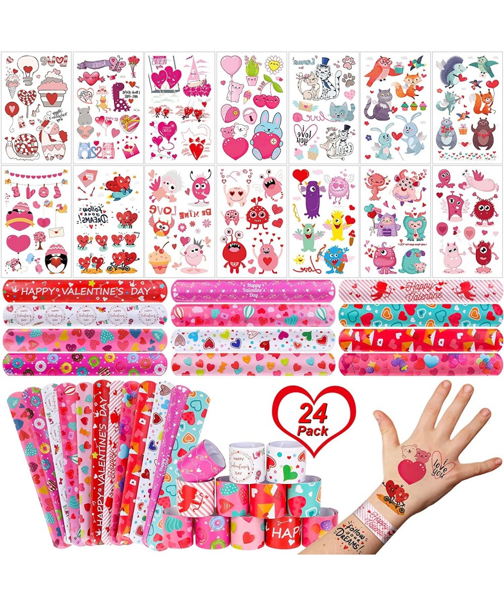 12 Valentines Slap Bracelets Wristbands 12 Kids Temporary Tattoos Sheet Heart Donut Monster Friendship Valentine’s Day Party ...