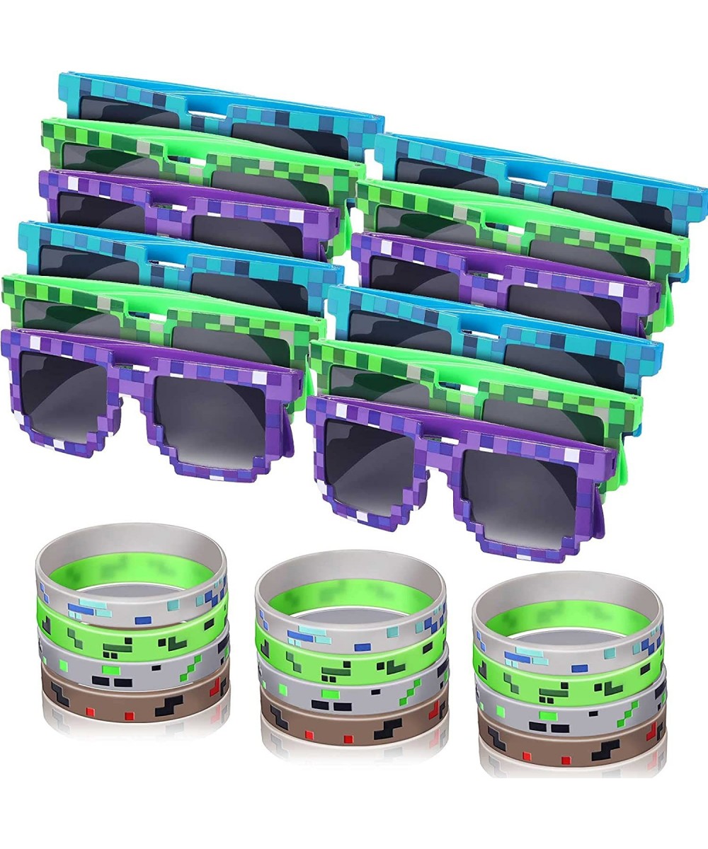 24 Pieces Miner Party Set Include 12 Pixel Gamer Sunglasses Pixelated Glasses 12 Pixelated Theme Bracelet Miner Wristbands fo...