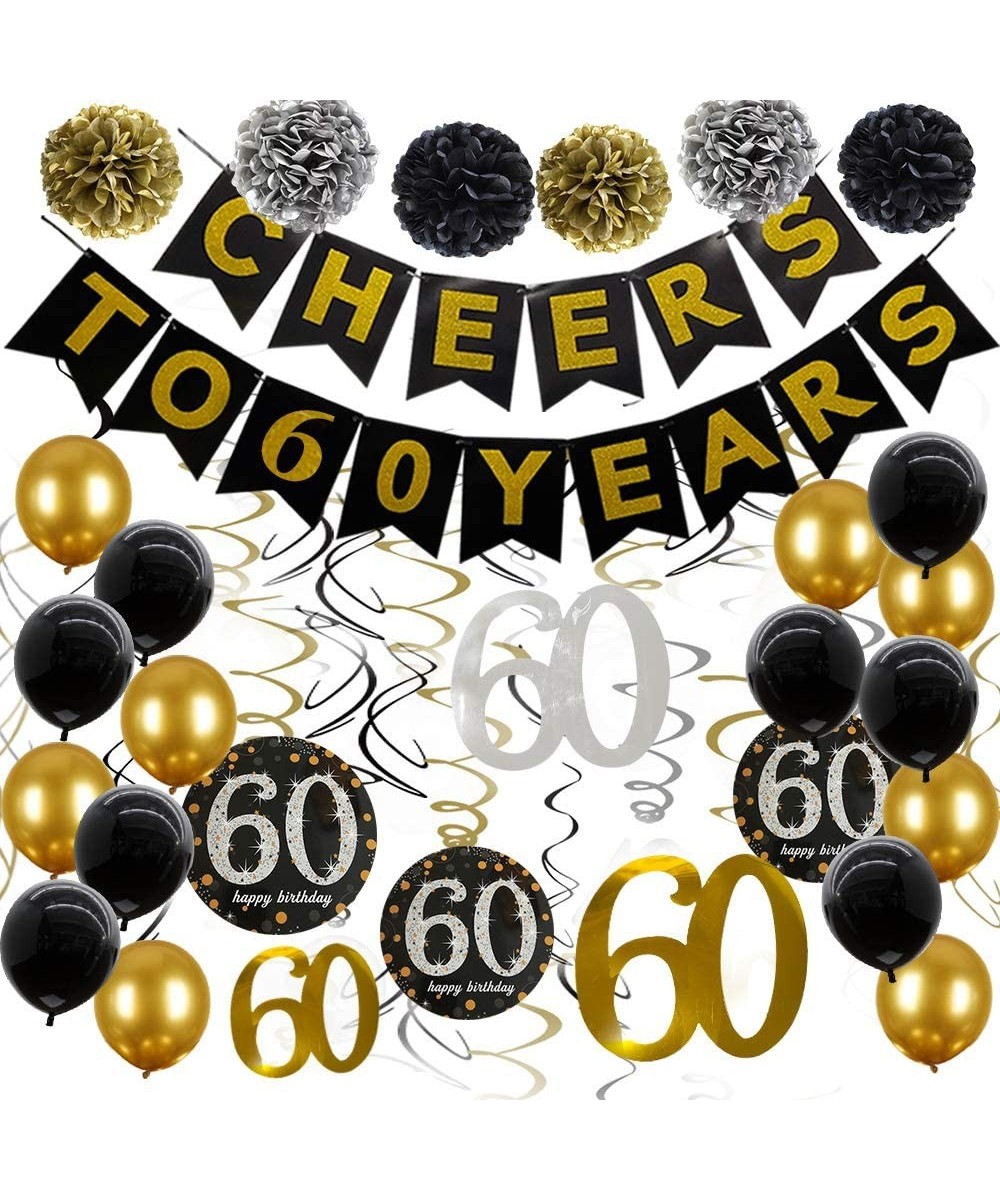 60th Birthday Decorations for Men Cheers to 60 Years Balloons Happy 60th Birthday Banner 60 Year Birthday Hanging Swirls Blac...