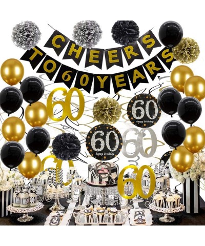 60th Birthday Decorations for Men Cheers to 60 Years Balloons Happy 60th Birthday Banner 60 Year Birthday Hanging Swirls Blac...