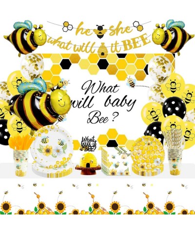 Bee Tableware Decorations - Bumble Bee Themed Party Supplies Include Backdrop Banner Plates Cups Napkins Cutlery Tablecloth B...