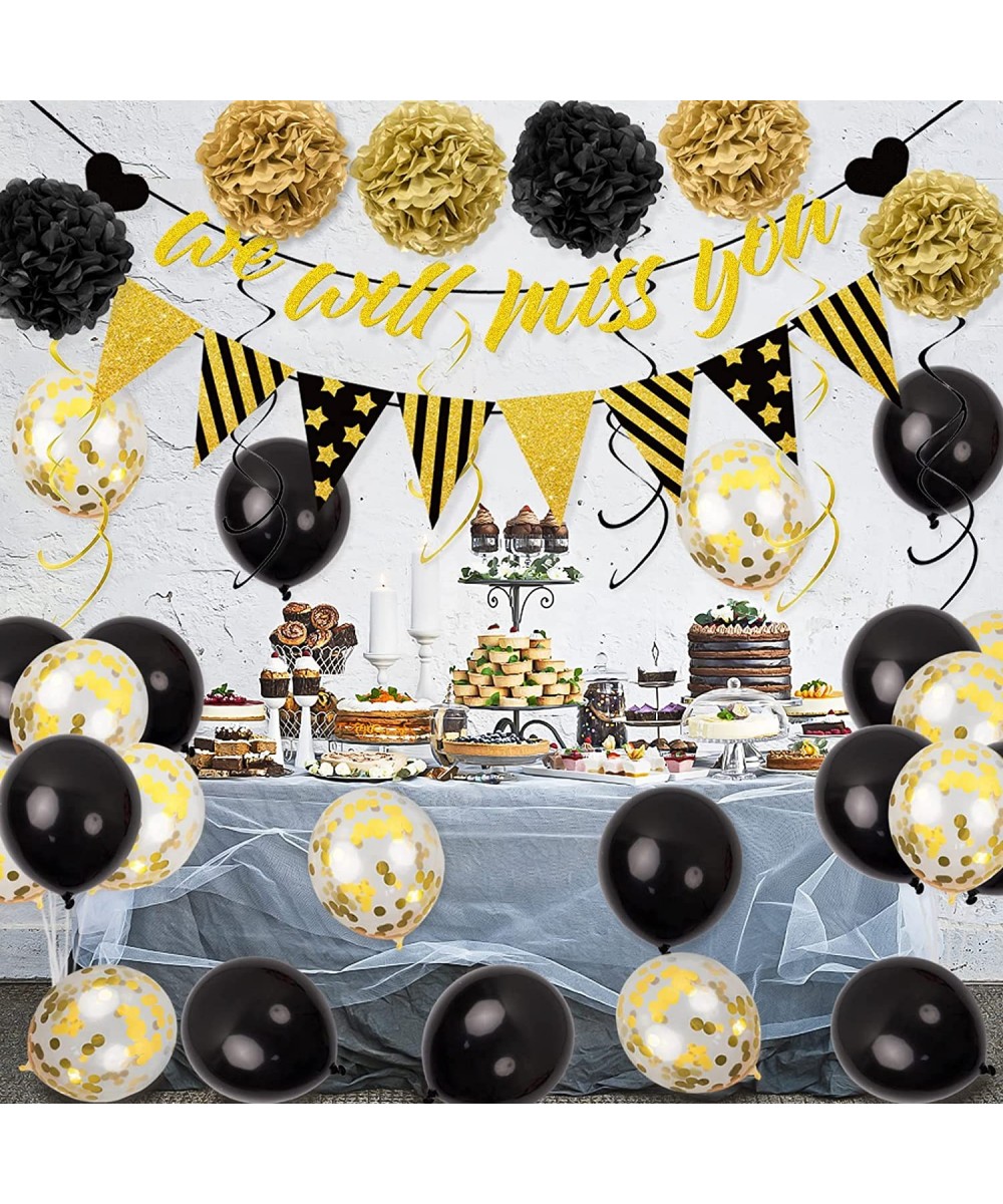 Black Gold Farewell Party Decorations Set- 34pcs We Will Miss You Banner Kit with Black Gold Confetti Balloons Hanging Swirls...