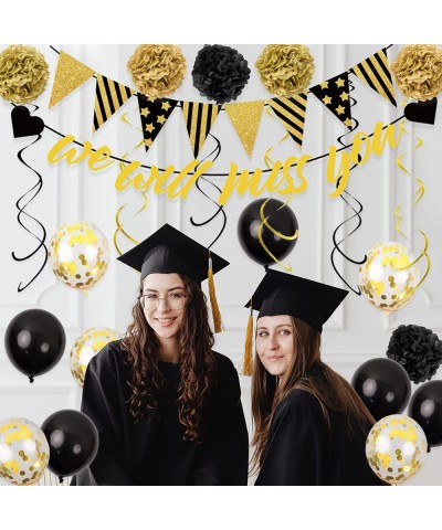 Black Gold Farewell Party Decorations Set- 34pcs We Will Miss You Banner Kit with Black Gold Confetti Balloons Hanging Swirls...