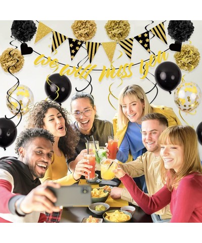 Black Gold Farewell Party Decorations Set- 34pcs We Will Miss You Banner Kit with Black Gold Confetti Balloons Hanging Swirls...