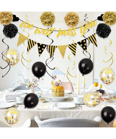 Black Gold Farewell Party Decorations Set- 34pcs We Will Miss You Banner Kit with Black Gold Confetti Balloons Hanging Swirls...