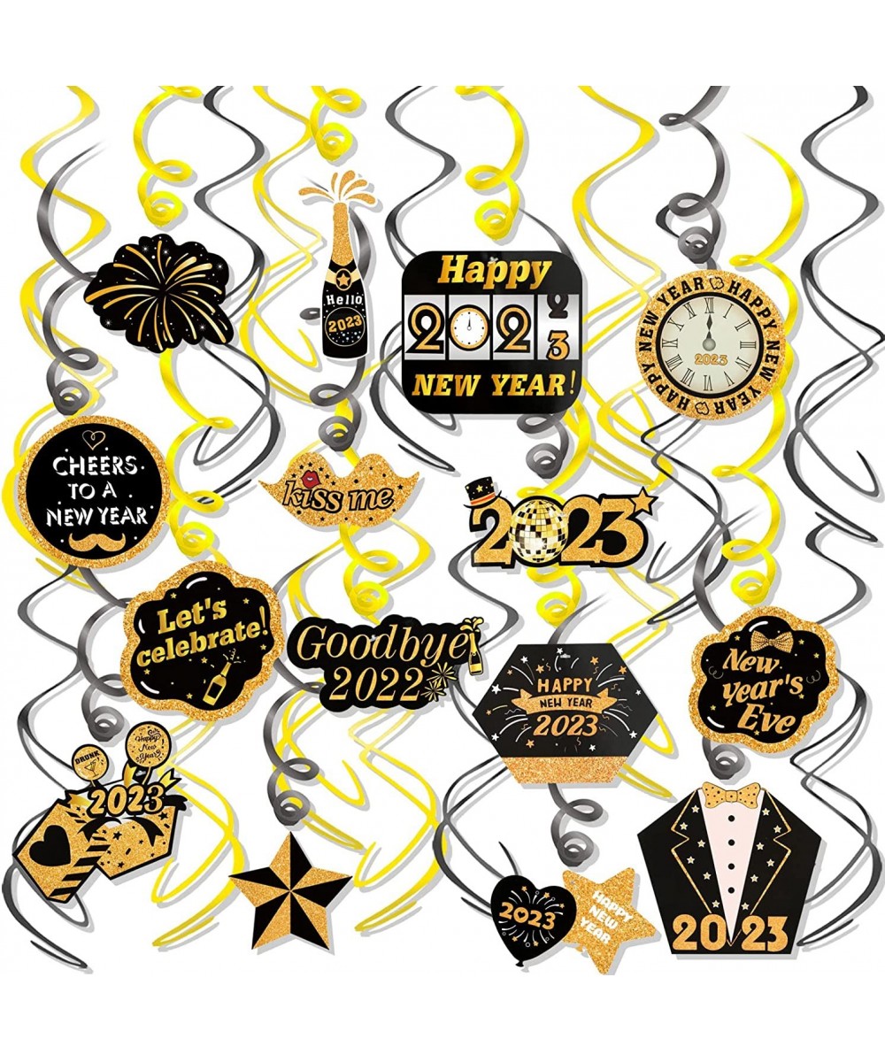 Happy New Year Hanging Swirl Decorations Set of 30 Black & Gold New Year Foil Swirls Ceiling Decorations New Years Eve Party ...