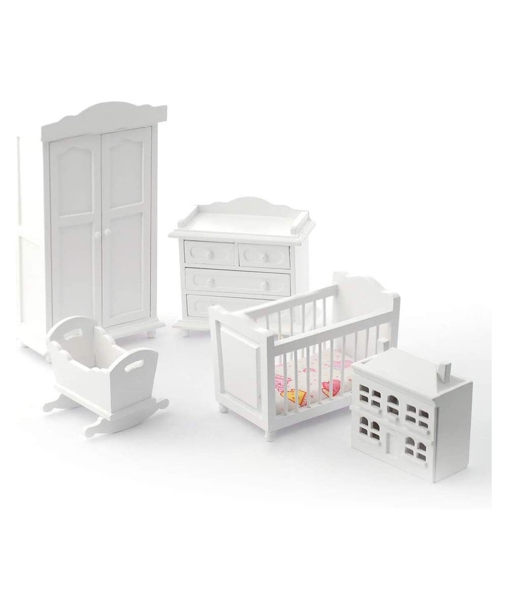 Dolls House White Wood Nursery Furniture Set Miniature 5 Piece Baby Room $88.96 Dollhouse Accessories