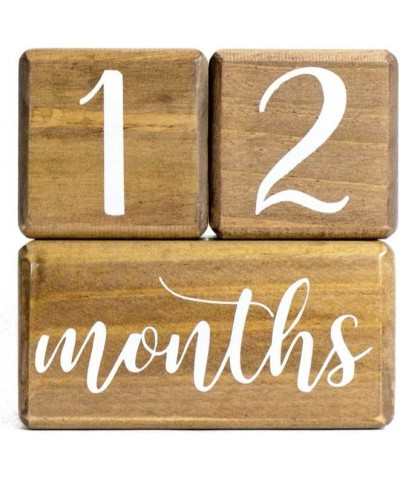 Premium Solid Wood Baby Milestone Age Blocks + Gift Box | Brown Walnut Stained Natural Pine | Weeks Months Years Grade Newbor...