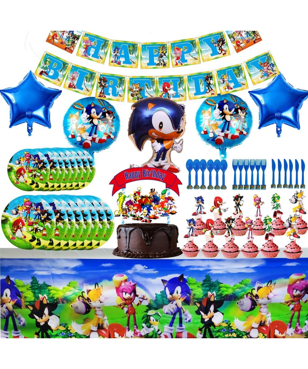 Sonic Party Supplies Birthday Decorations Sonic Party Favors - Banner Cake Topper Plates Table Knife Fork Spoon and Foil Ball...