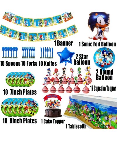 Sonic Party Supplies Birthday Decorations Sonic Party Favors - Banner Cake Topper Plates Table Knife Fork Spoon and Foil Ball...