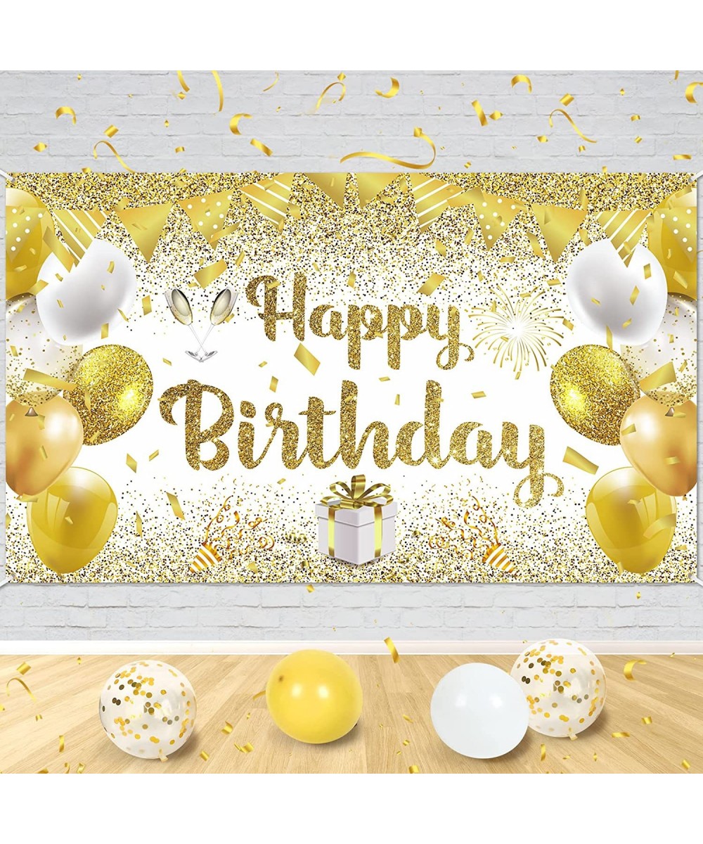 Gold White Birthday Party Decorations Banner Gold and White Happy Birthday Backdrop Banner Large Gold White Birthday Banner P...