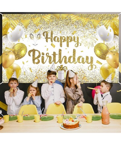 Gold White Birthday Party Decorations Banner Gold and White Happy Birthday Backdrop Banner Large Gold White Birthday Banner P...