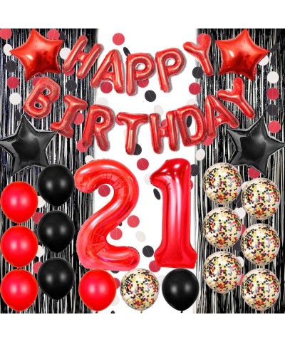 21st Birthday Decorations Happy Birthday Banner Balloons Foil Fringe Curtain for Photo Booth Backdrop Paper Garland Red Numbe...