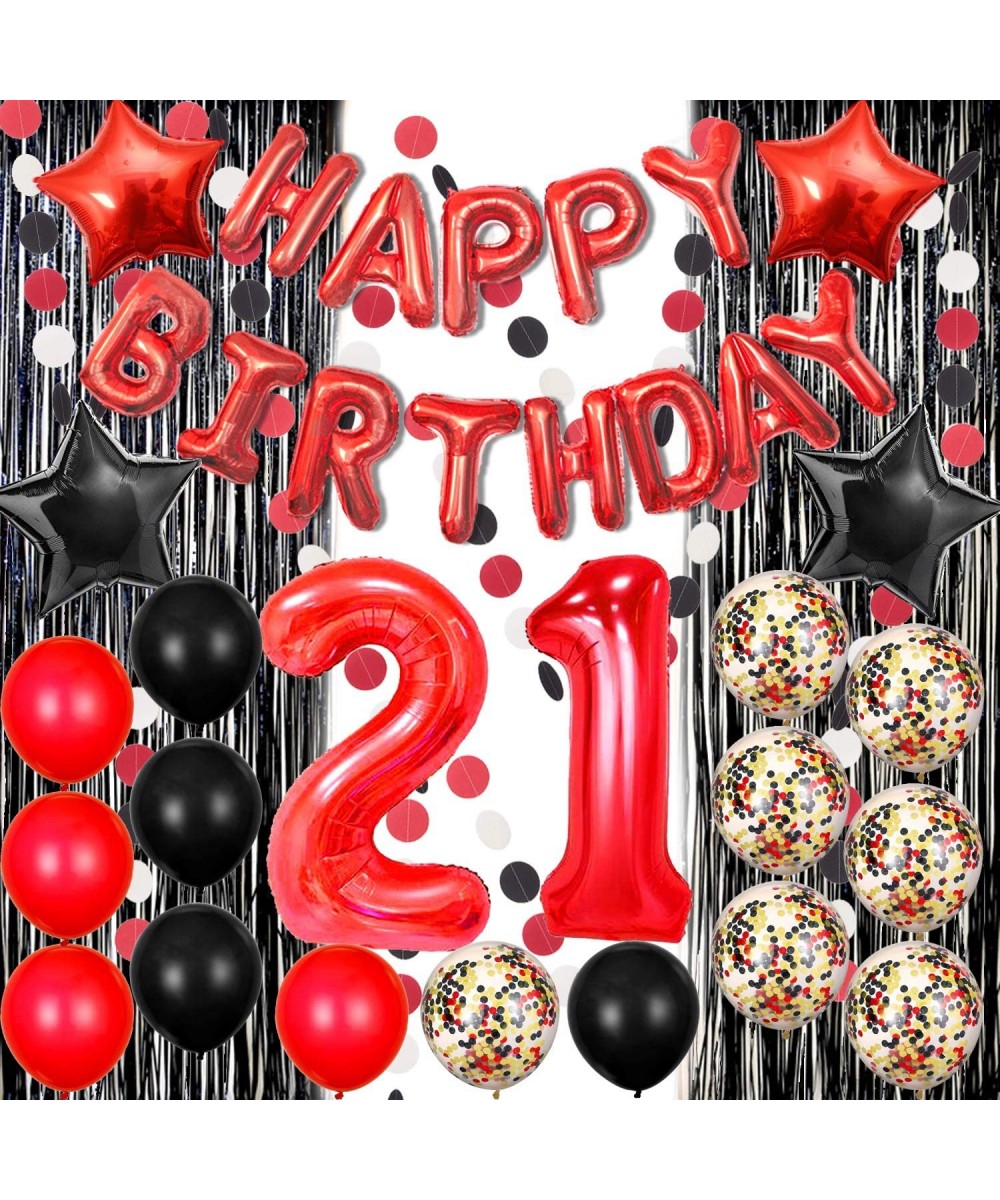 21st Birthday Decorations Happy Birthday Banner Balloons Foil Fringe Curtain for Photo Booth Backdrop Paper Garland Red Numbe...