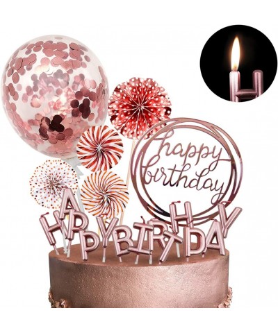 Rose Gold Cake Topper Decoration with Happy Birthday Candles Happy Birthday Banner Confetti Balloon Paper Fans For Rose Gold ...