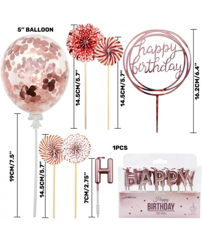 Rose Gold Cake Topper Decoration with Happy Birthday Candles Happy Birthday Banner Confetti Balloon Paper Fans For Rose Gold ...