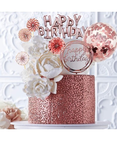 Rose Gold Cake Topper Decoration with Happy Birthday Candles Happy Birthday Banner Confetti Balloon Paper Fans For Rose Gold ...