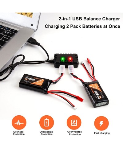 2S 1000mAh 7.4V Lipo Battery: 2Pcs SCX24 Batteries with PH2.0 & JST Plug 35C Lithium Battery with 2 in 1 USB Charger for WLto...