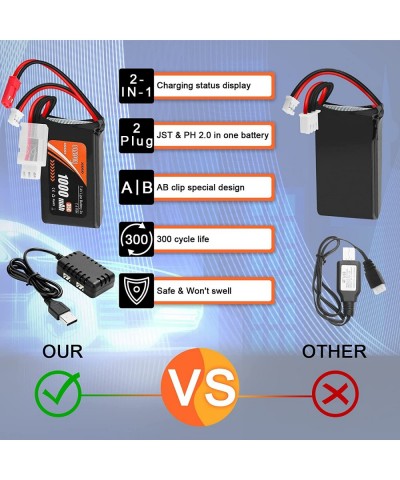 2S 1000mAh 7.4V Lipo Battery: 2Pcs SCX24 Batteries with PH2.0 & JST Plug 35C Lithium Battery with 2 in 1 USB Charger for WLto...