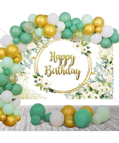 Greenery Birthday Party Decorations Set Green and Gold Eucalyptus Happy Birthday Backdrop Banner Sage Green Balloon Garland f...