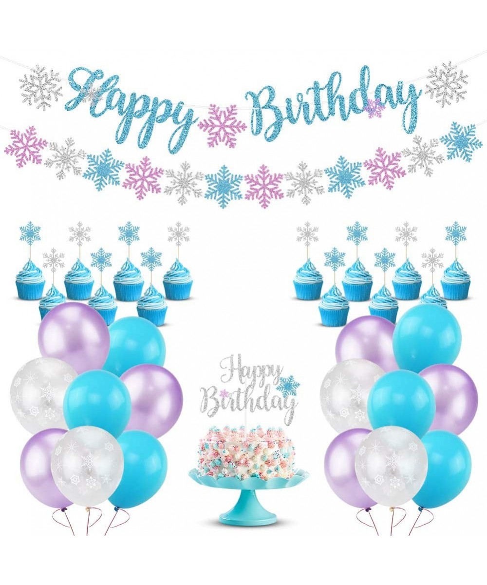 Snowflake Birthday Party Decorations with Happy Birthday Snowflake Banner Cake Toppers Purple Blue White Snowflake Balloons f...