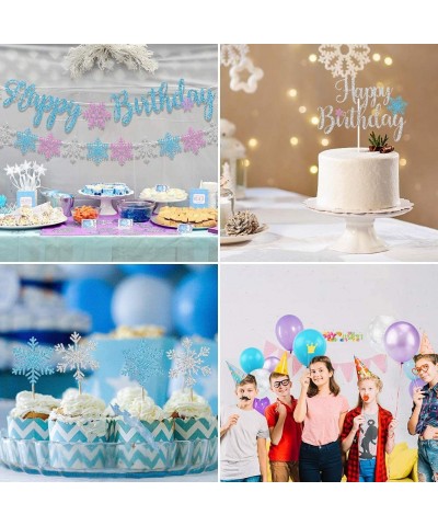 Snowflake Birthday Party Decorations with Happy Birthday Snowflake Banner Cake Toppers Purple Blue White Snowflake Balloons f...