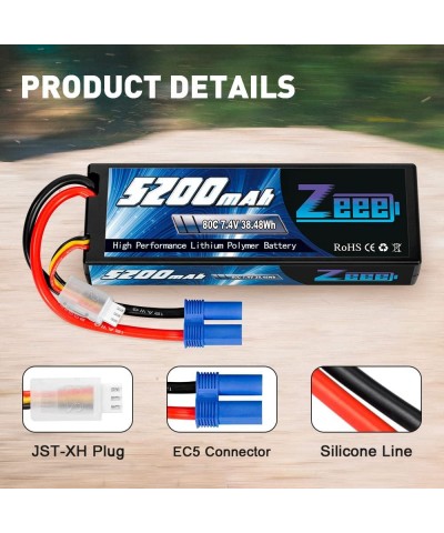 2S Lipo Battery 7.4V 5200mAh 80C Hard Case Battery with EC5 Plug Compatible with 1/8 1/10 RC Vehicles Car Slash RC Buggy Trug...