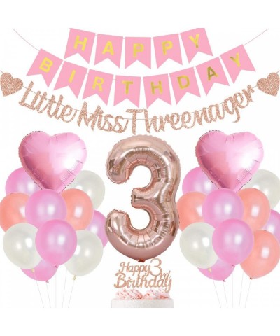 3rd Birthday Decorations for Girls Pink and Rose Gold Happy Birthday Banner Cake Topper Little Miss Threenager Garland Rose G...