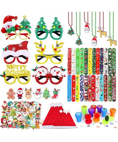 132PCS Christmas Party Favors for Kids - 6 Glasses 6 Necklace 6 Brooches 24 Slap Bracelets 6 Xmas Hats 56 Stickers 10 Stamps ...