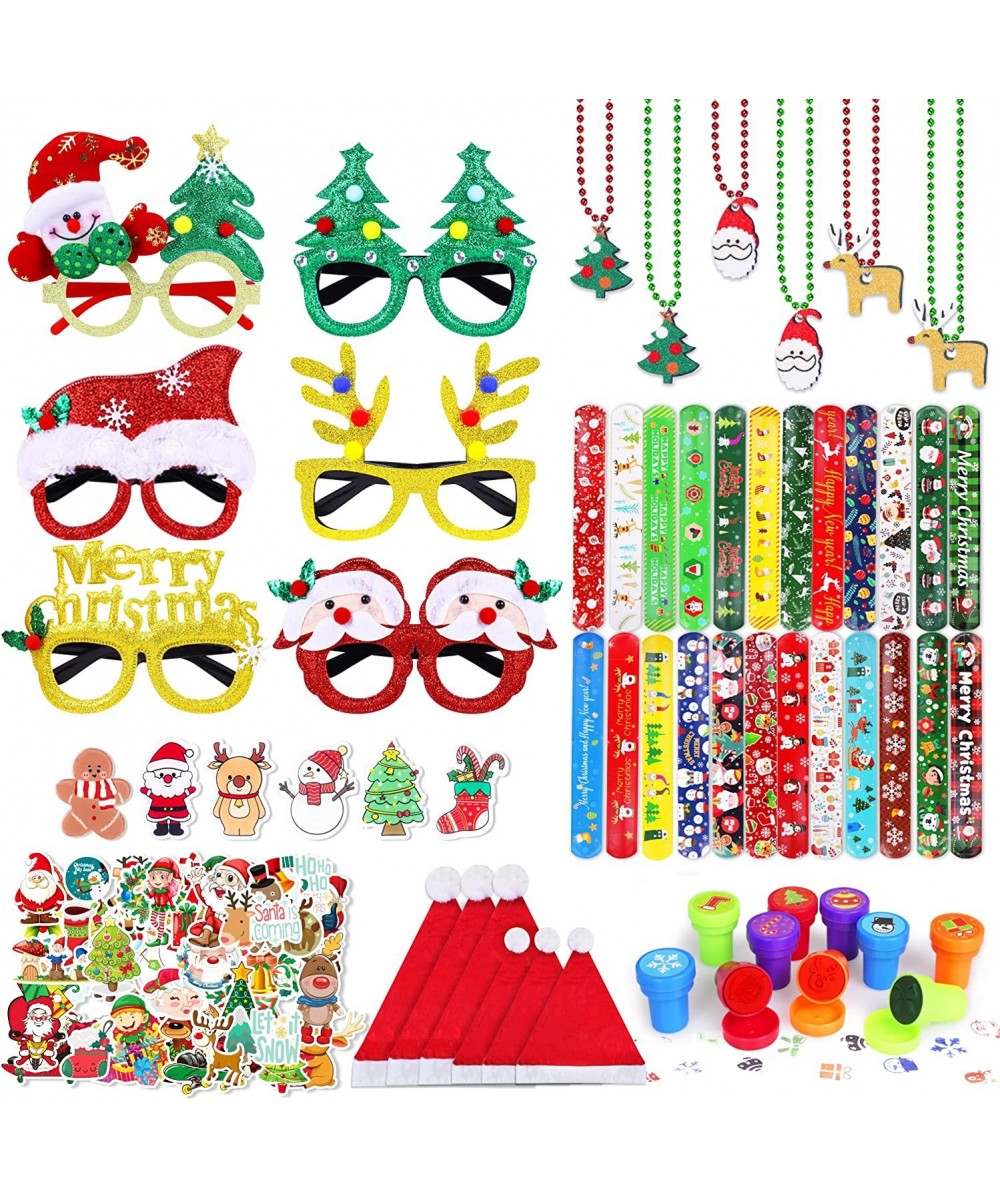 132PCS Christmas Party Favors for Kids - 6 Glasses 6 Necklace 6 Brooches 24 Slap Bracelets 6 Xmas Hats 56 Stickers 10 Stamps ...