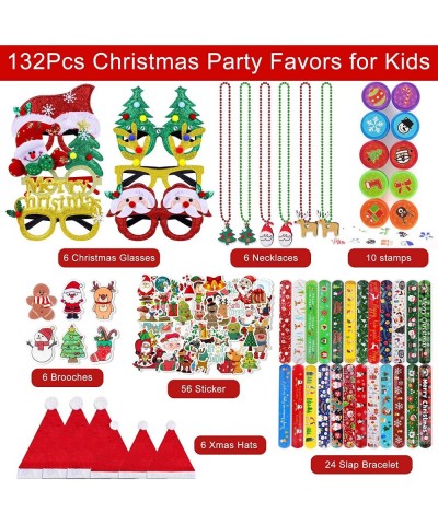 132PCS Christmas Party Favors for Kids - 6 Glasses 6 Necklace 6 Brooches 24 Slap Bracelets 6 Xmas Hats 56 Stickers 10 Stamps ...