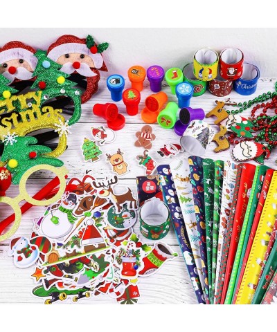 132PCS Christmas Party Favors for Kids - 6 Glasses 6 Necklace 6 Brooches 24 Slap Bracelets 6 Xmas Hats 56 Stickers 10 Stamps ...