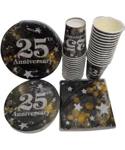 Serves 30 | Complete Party Pack Happy 25th Wedding Anniversary 9" Dinner Paper Plates 7" Dessert Paper Plates 12 oz Cups 3 Pl...