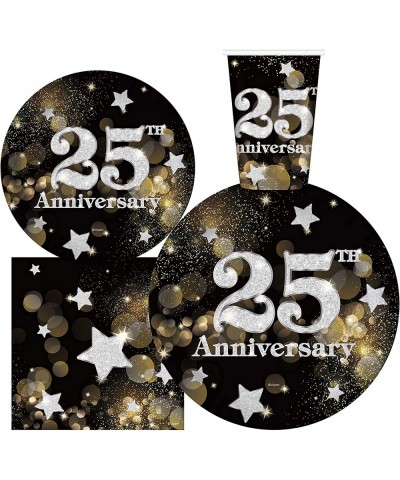 Serves 30 | Complete Party Pack Happy 25th Wedding Anniversary 9" Dinner Paper Plates 7" Dessert Paper Plates 12 oz Cups 3 Pl...