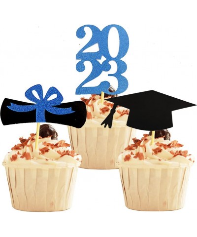 2023 Graduation Cupcake Toppers Glitter Blue 48 PCS Food/Appetizer Picks For Graduation Decorations Party Mini Cake Picks Dip...