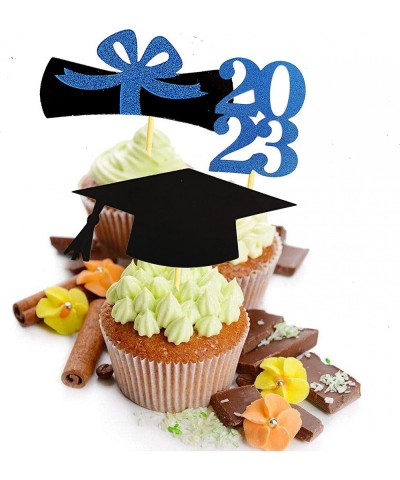 2023 Graduation Cupcake Toppers Glitter Blue 48 PCS Food/Appetizer Picks For Graduation Decorations Party Mini Cake Picks Dip...