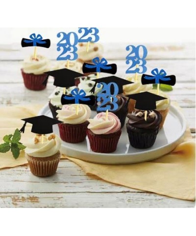 2023 Graduation Cupcake Toppers Glitter Blue 48 PCS Food/Appetizer Picks For Graduation Decorations Party Mini Cake Picks Dip...